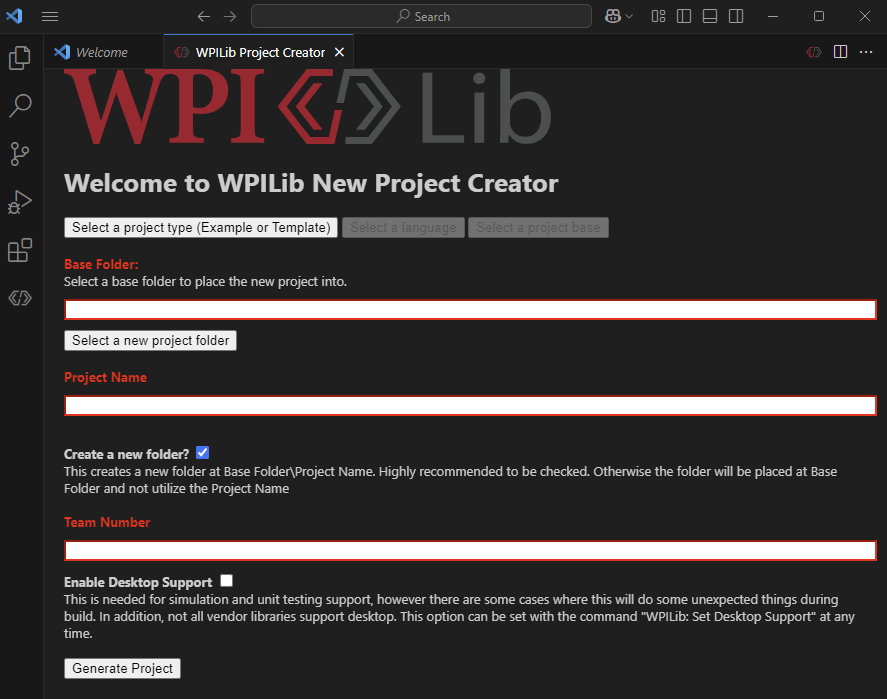 New project window